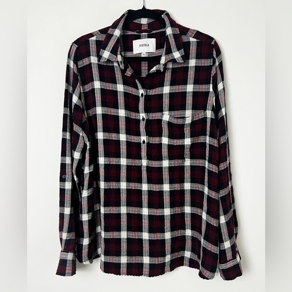 pistola Tops - Pistola Red Buffalo Check Popover Roll Tab Sleeve Button Back Flannel Shirt XL